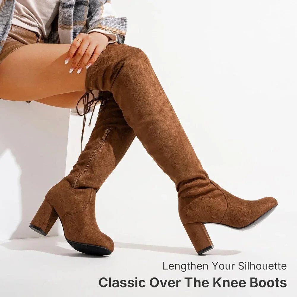 Women's Brown Suede Chunky Heels Zipper Over The Knee High Adjustable Boots